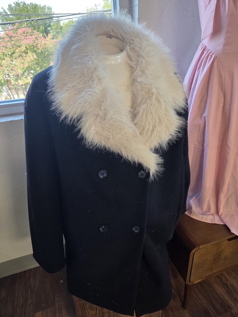 Black Double-Breasted Pea Coat with Cream Faux Fur Collar